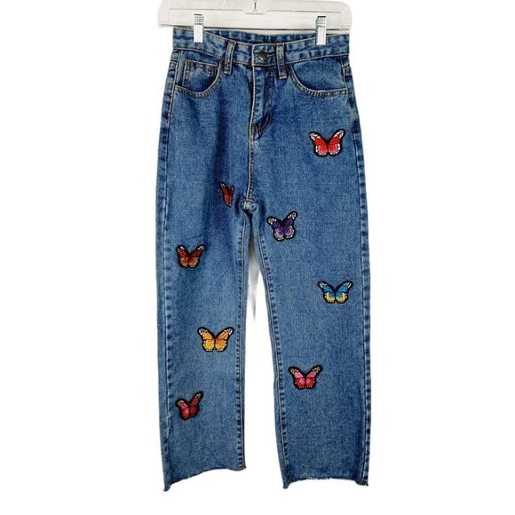 Boho Embroidered Butterfl Straight Leg Mom Jeans S - Picture 1 of 6